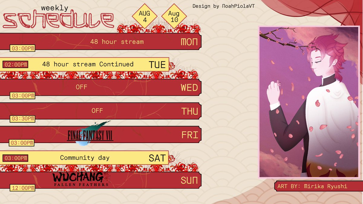 Due to the 48 hour birthday stream i've adjusted my Schedule &lt;3 I will away from stream Wednesday and Thursday &lt;3 and back on Friday with #FinalFantasyCrisisCore Saturday is community Day and Sunday We Praise The Sun we everything #Soulslike! &lt;3