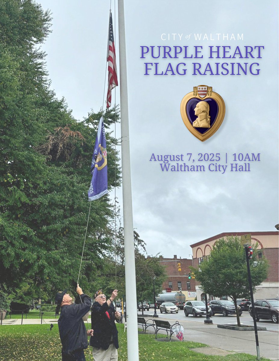City Of Waltham (@cityofwaltham) on Twitter photo Did you know August 7th is ๐๐๐ญ๐ข๐จ๐ง๐๐ฅ ๐๐ฎ๐ซ๐ฉ๐ฅ๐ ๐๐๐๐ซ๐ญ ๐๐๐ฒ? Purple Heart Day honors and remembers all those who have been wounded or killed in action while serving in the U.S. military.
Please join us this Thursday at 10am on the Waltham Common for a flag raising Did you know August 7th is ๐๐๐ญ๐ข๐จ๐ง๐๐ฅ ๐๐ฎ๐ซ๐ฉ๐ฅ๐ ๐๐๐๐ซ๐ญ ๐๐๐ฒ? Purple Heart Day honors and remembers all those who have been wounded or killed in action while serving in the U.S. military.
Please join us this Thursday at 10am on the Waltham Common for a flag raising
