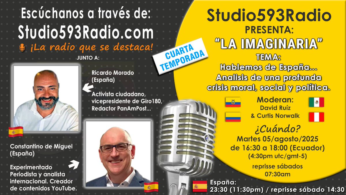 David Ruiz 🇪🇸 (@davidruizgualo) on Twitter photo Os esperamos en <a href="/LaImaginariadrg/">🎙️La Imaginaria</a> en <a href="/studio593radio/">Studio5️⃣9️⃣3️⃣Radio 📻 🇪🇨</a> ...
⏭️ 16:30h 🇪🇨
⏭️ 23:30h 🇪🇦
Contaremos con la participación de <a href="/ricardomorado77/">Ricardo Morado</a> y <a href="/ConstanDeMiguel/">Desde mi punto de vista por Constantino de Miguel</a>
Os esperamos en nuestro space. Os esperamos en <a href="/LaImaginariadrg/">🎙️La Imaginaria</a> en <a href="/studio593radio/">Studio5️⃣9️⃣3️⃣Radio 📻 🇪🇨</a> ...
⏭️ 16:30h 🇪🇨
⏭️ 23:30h 🇪🇦
Contaremos con la participación de <a href="/ricardomorado77/">Ricardo Morado</a> y <a href="/ConstanDeMiguel/">Desde mi punto de vista por Constantino de Miguel</a>
Os esperamos en nuestro space.