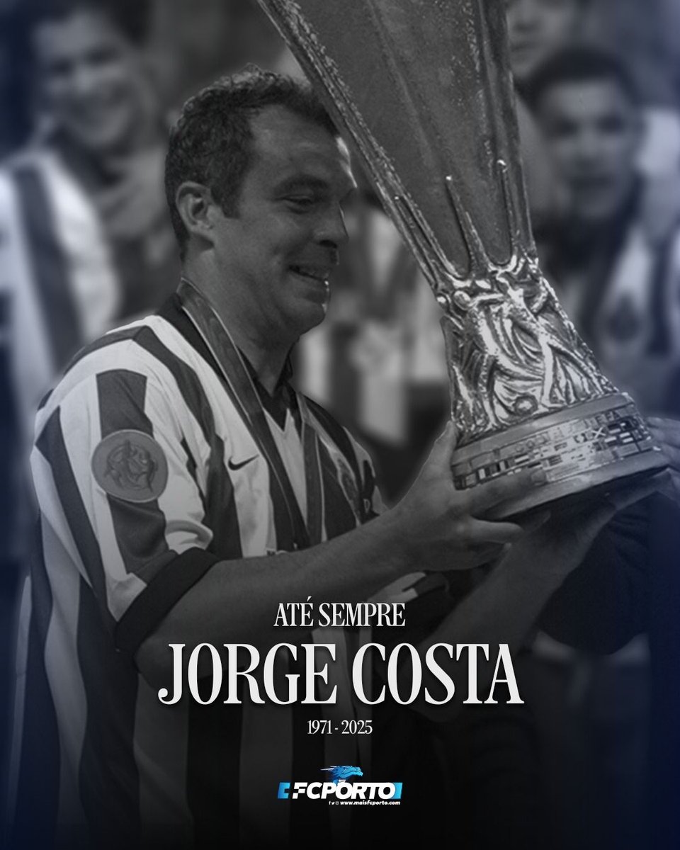 Faleceu Jorge Costa.

Eterno símbolo do FC Porto. Com mais de 400 jogos com a camisola azul e branca, levantou troféus, liderou equipas e deixou a alma em campo pelo Nosso Grande Clube onde conquistou, como jogador: 

🏆 1 UEFA Champions League
🏆 1 Taça UEFA
🏆 8 Campeonatos