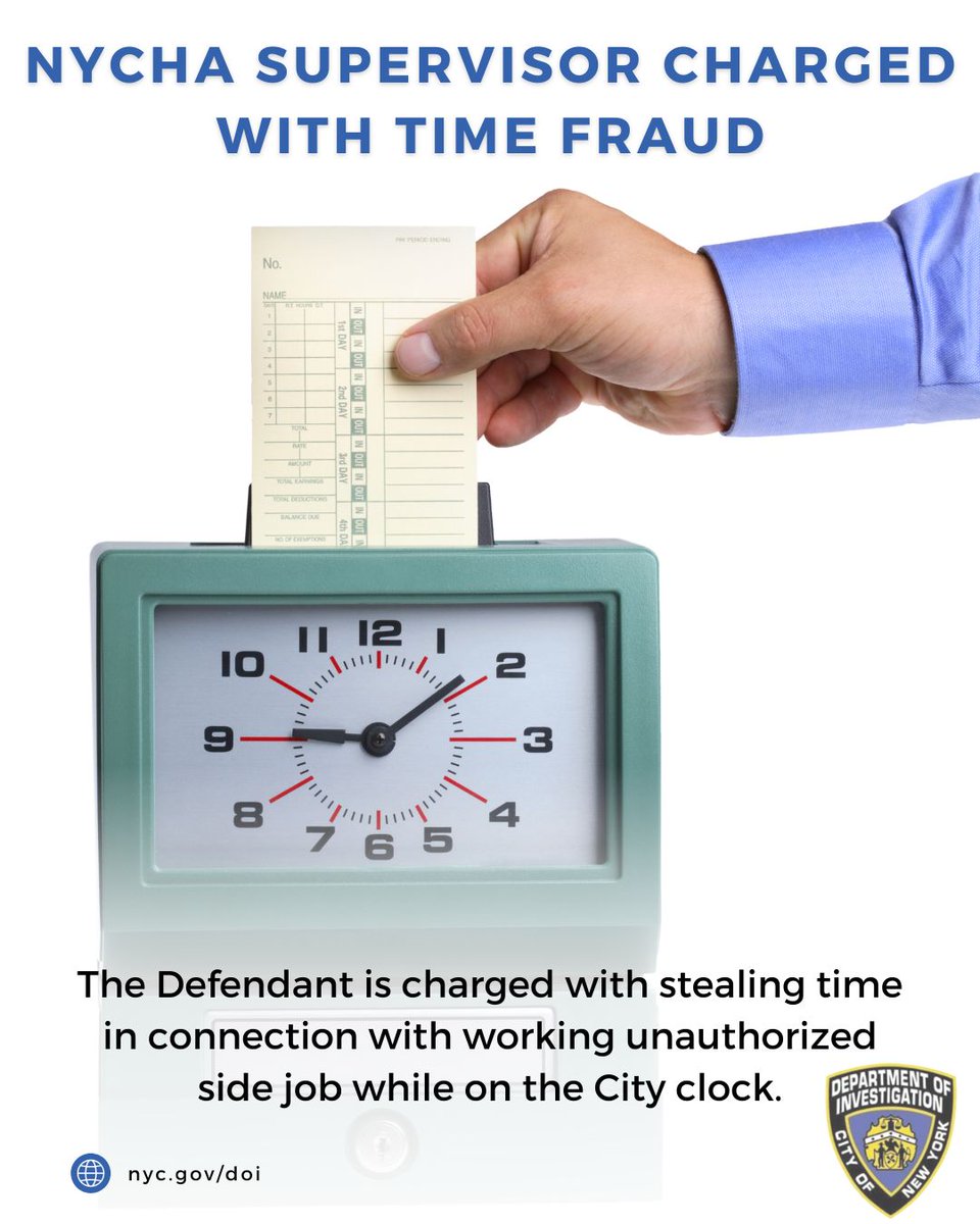 NYC DOI (@nyc_doi) on Twitter photo NYCHA Supervisor Charged With Time Theft in Connection With Working Unauthorized Side Job on City Time. Thank you <a href="/BrooklynDA/">Brooklyn District Attorney Eric Gonzalez</a> for your partnership on this investigation. Read the release here: bit.ly/4m2I4mg NYCHA Supervisor Charged With Time Theft in Connection With Working Unauthorized Side Job on City Time. Thank you <a href="/BrooklynDA/">Brooklyn District Attorney Eric Gonzalez</a> for your partnership on this investigation. Read the release here: bit.ly/4m2I4mg