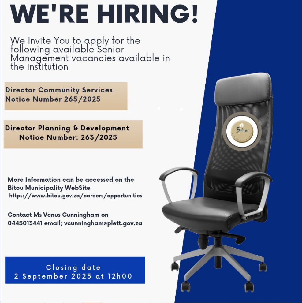 bitou_muni's tweet image. WE ARE HIRING | DIRECTOR: PLANNING &amp;amp; DEVELOPMENT
Closing Date: 02 SEPTEMBER 2025
Notice 263 of 2025
More Info: bitou.gov.za/node/2346
#BitouJobs
#Bitou
#BitouUpdates