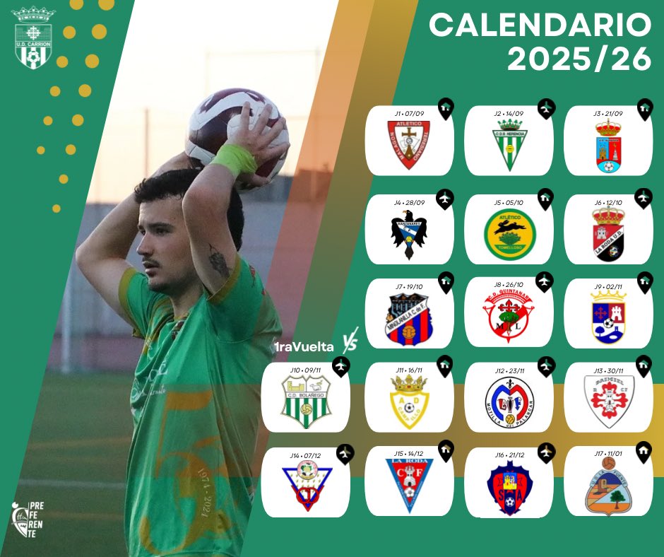 📆 TEMPORADA 25/26 📆

⚽️Dejamos por aquí los encuentros de la primera vuelta y su fecha aproximada, empezamos en casa contra AT Teresiano. 

💚 #UDCarrión