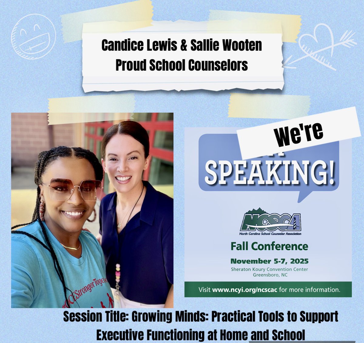 Thrilled to present at #NCSCA2025 with Sallie Wooten! 🎉
Session: Growing Minds: Practical Tools to Support Executive Functioning at Home and School
📍 Greensboro, NC | Nov 5–7, 2025
#SchoolCounseling <a href="/NCSCA/">NC School Counselors</a> <a href="/WakeSchCounslor/">Wake Sch. Counselors</a>