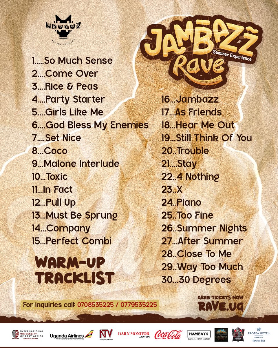 🎧 JAMBAZZ WARM UP TRACKS 🎧

We’ve compiled 30 dope tracks that y’all picked to be part of Gabzy’s Jambazz Rave setlist! 🙌 

Start rehearsing &amp; get ready for the ultimate summer experience that’s uniquely different 👌🏾

For tickets 🎫 rave.ug 

#JambazzRave
