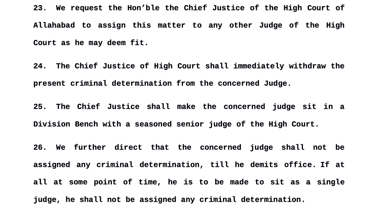 LiveLawIndia's tweet image. #SupremeCourt says that the Allahabad High Court Judge, who passed a wrong order,  should be made to sit with a seasoned senior judge.

SC further directs that the HC judge should not be given criminal jurisdiction till his retirement.