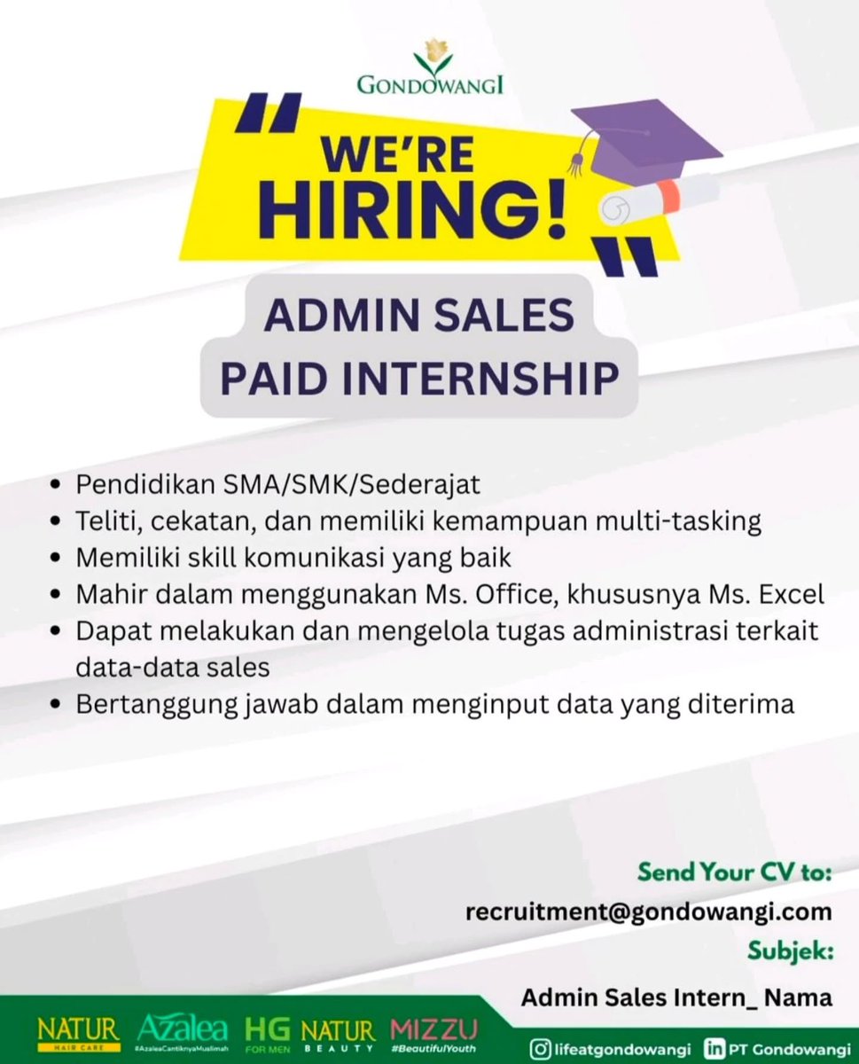 Kampus Update (@kampusupdate) on Twitter photo PT Gondowangi is hiring for Admin Sales Internship
Submit your updated resume by email recruitment@gondowangi.com PT Gondowangi is hiring for Admin Sales Internship
Submit your updated resume by email recruitment@gondowangi.com
