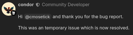 cmosetick's tweet photo. Someone in the community forum claims to have confirmed my finding above https://t.co/M7hpcnwpef
