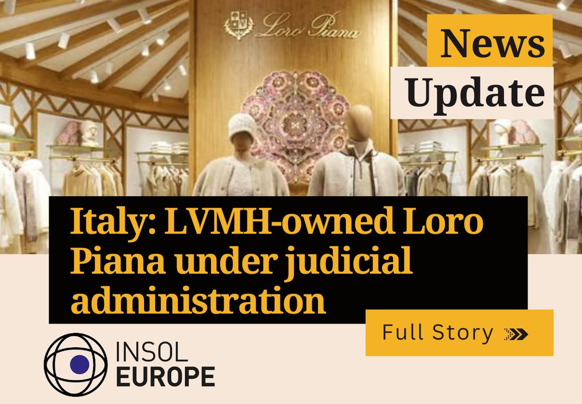 Milan-based, LVMH-owned Loro Piana under judicial administration for subcontracting production to suppliers allegedly exploiting workers. 

More at Business &amp; Human Rights Resource Centre: 
➡️ loom.ly/FJEK7mc

#INSOLEurope #InsolvencyNews #InsolvencyProfessionals