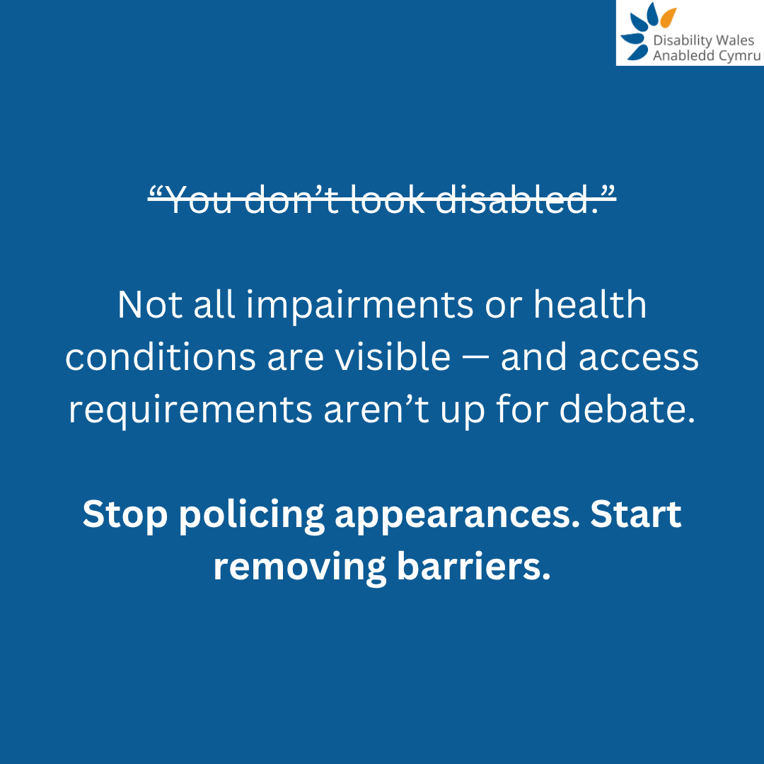 😕 Medical model says:
“You don’t look disabled.”

💬 Social model says:
“Not all impairments or health conditions are visible — and access requirements aren’t up for debate.”

Stop policing appearances. Start removing barriers.

Learn more: disabilitywales.org/resources/