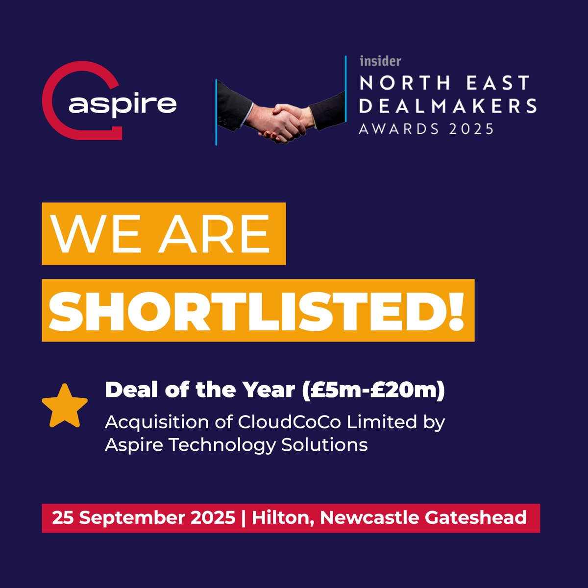 Aspire Technology Solutions (@aspirets) on Twitter photo Exciting news! The shortlists for the Insider Media North East Dealmakers Awards 2025 have been announced and we are thrilled to be shortlisted for another year.
 
Our acquisition of Yorkshire-based managed service provider CloudCoCo Limited has been recognised in the Deal of the Exciting news! The shortlists for the Insider Media North East Dealmakers Awards 2025 have been announced and we are thrilled to be shortlisted for another year.
 
Our acquisition of Yorkshire-based managed service provider CloudCoCo Limited has been recognised in the Deal of the
