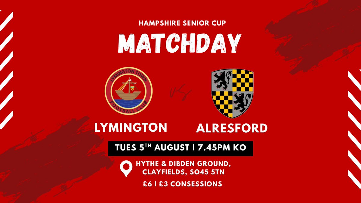Lymington Town FC (@lymingtontownfc) on Twitter photo 🚨 MATCHDAY 🚨
🏆 Hampshire Senior Cup
⚽ Lymington Town 🆚 <a href="/alresford_town/">Alresford Town FC</a>
📍 Hythe & Dibden Ground, SO45 5TN
🕢 KO: 7.45 PM
🎟️ £6 / £3 concessions
Cup action kicks off tonight – let’s make it count! 🔥
#LymingtonTown #HampshireSeniorCup #NonLeague 🚨 MATCHDAY 🚨
🏆 Hampshire Senior Cup
⚽ Lymington Town 🆚 <a href="/alresford_town/">Alresford Town FC</a>
📍 Hythe & Dibden Ground, SO45 5TN
🕢 KO: 7.45 PM
🎟️ £6 / £3 concessions
Cup action kicks off tonight – let’s make it count! 🔥
#LymingtonTown #HampshireSeniorCup #NonLeague