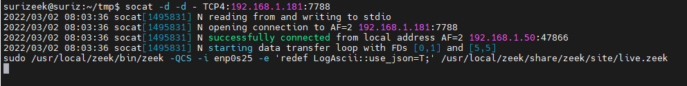 seguridadyredes's tweet photo. #socat &amp; #Zeek_IDS #Zeekurity conexión remota/ captura

(192.168.1.181)  socat -d -d -d  TCP4-LISTEN:7788 EXEC:/bin/bash  

(1.50)  socat -d -d - TCP4:192.168.1.181:7788  

(1.50) sudo zeek -QCS -i enp0s25 -e 'redef LogAscii::use_json=T;' /usr/local/zeek/share/zeek/site/live.zeek https://t.co/AArJjL0XyN