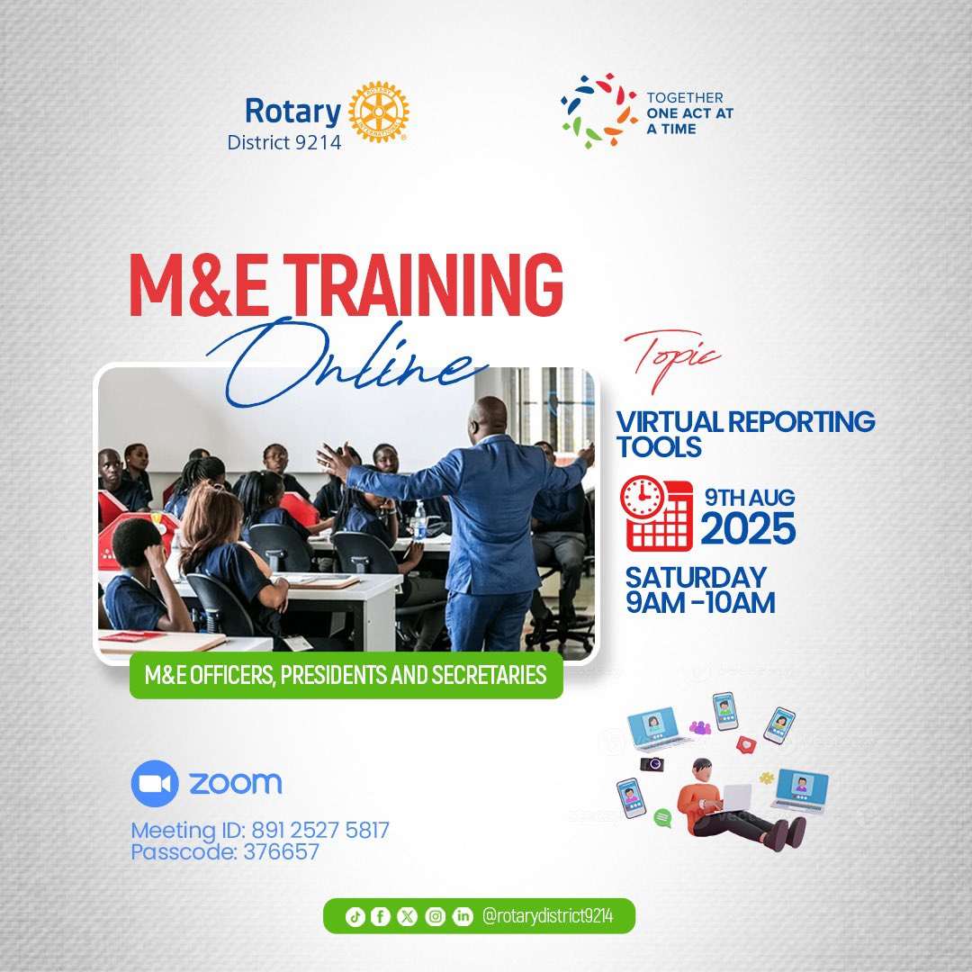 Rotary Club of Muyenga Tankhill (@rctankhill) on Twitter photo Topic: M&E Learning
Using google documents for Reporting
Time: Aug 9, 2025 08:00 AM Nairobi
Join Zoom Meeting
Meeting ID: 891 2527 5817
Passcode: 376657
#Tankhillers Topic: M&E Learning
Using google documents for Reporting
Time: Aug 9, 2025 08:00 AM Nairobi
Join Zoom Meeting
Meeting ID: 891 2527 5817
Passcode: 376657
#Tankhillers