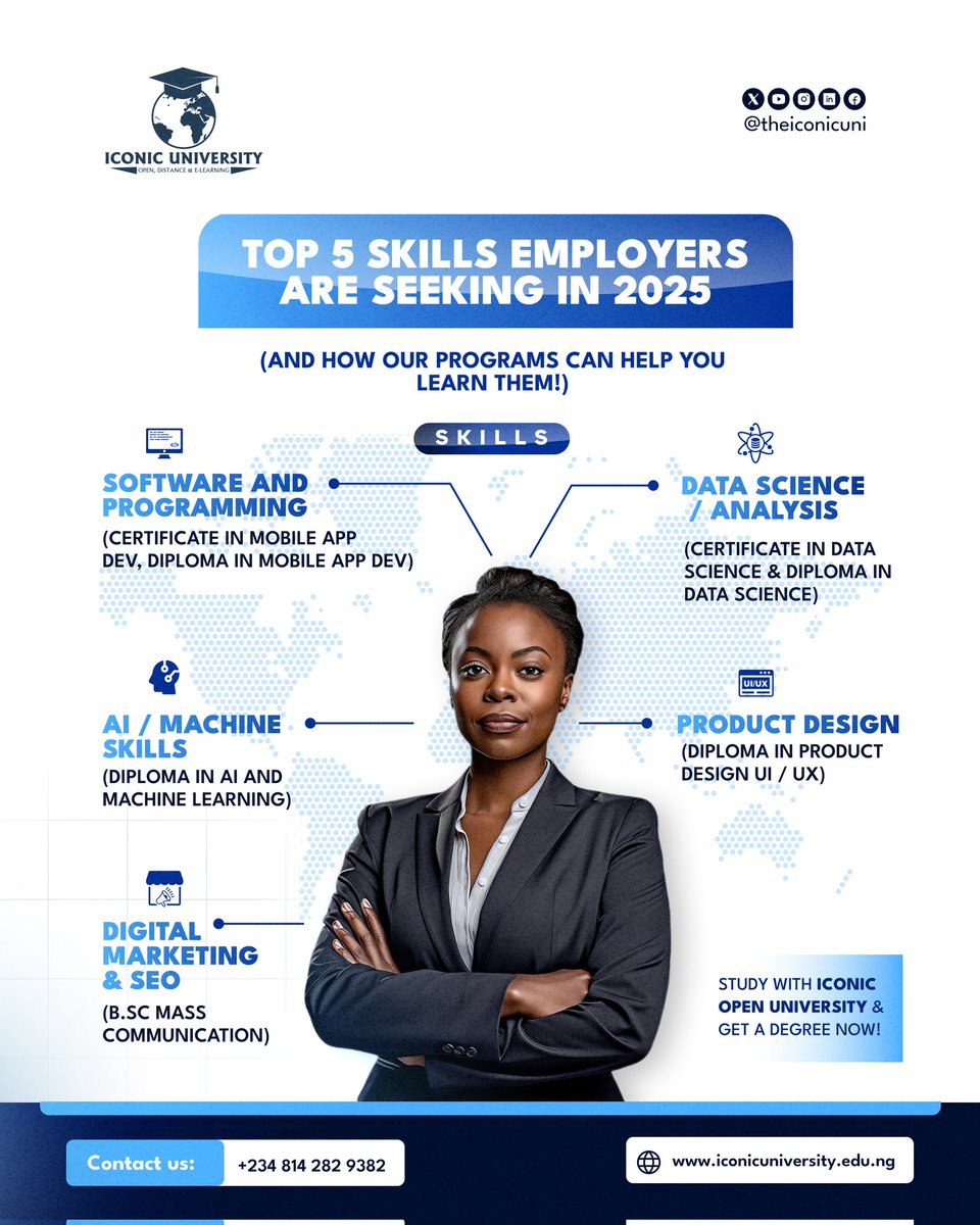 TheIconicUni's tweet image. Ready to advance your career and elevate your skills? Iconic University currently offers these programs to take you the next level. Enroll today and start or advance your career journey!

#OpenUniNigeria #FlexibleLearning #IconicUniversity