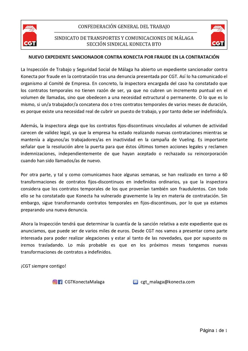 🔴⚫ Konecta comete fraude en la contratación y la inspección de trabajo abre expediente sancionador a la empresa.