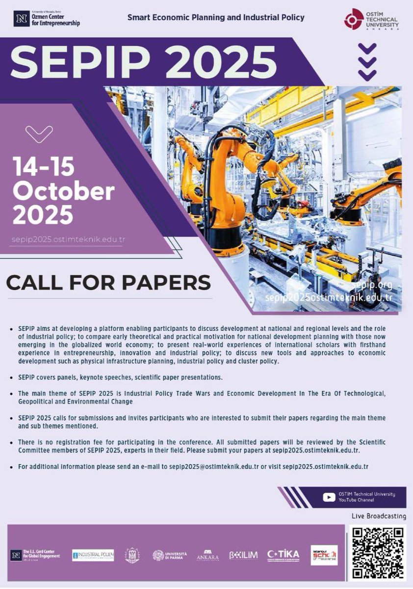 La Conferencia Internacional sobre Planificación Económica Inteligente y Política Industrial (SEPIP 2025) será organizada por la Universidad Técnica OSTİM en colaboración con la Universidad de Nevada, los días 14 y 15 de octubre de 2025.

Se celebrará en un formato híbrido (tanto