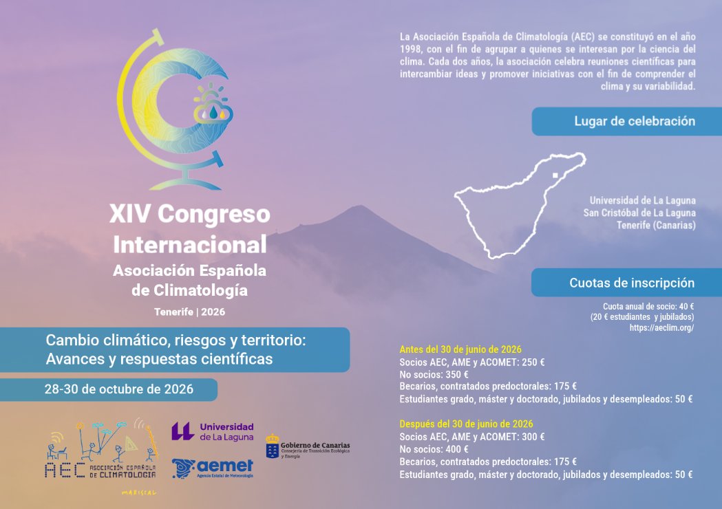 🌍 XIV Congreso Internacional de la Asociación Española de Climatología
📍 Tenerife | 28-30 oct 2026
🧭Cambio climático, riesgos y territorio
🏛️Universidad de La Laguna
🎓Premio a jóvenes investigadores
📅Envío resúmenes desde: 1 oct 2025
🔗aeclim.org