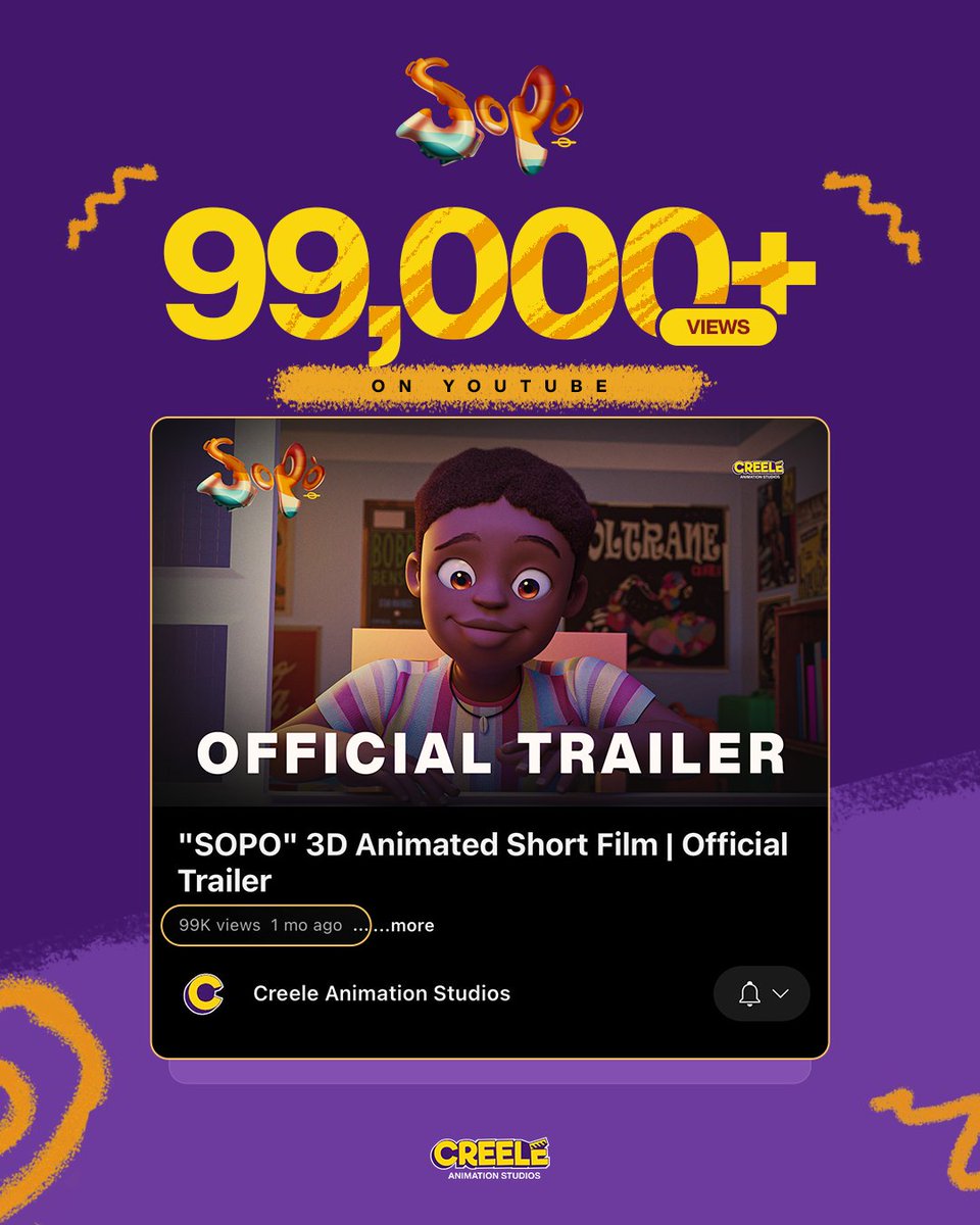 We’re excited to share that the Official Trailer for SOPO, our upcoming 3D animated film, has passed 99K views on YouTube. 
Thank you for every watch, like, and share. Haven't seen the trailer? Click this link  ➡️ youtu.be/skAqJlvhB0M?si…