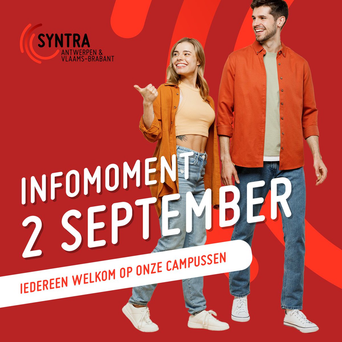 📣 Eerst zien, dan kiezen?
Tijdens ons infomoment krijg je de kans om:
👀 onze campussen te bekijken
🗣️ persoonlijk met docenten te praten
📘 ons volledige aanbod te ontdekken

Zo weet je meteen of het goed zit.
👉 Meer info: syntra-ab.be/infomoment