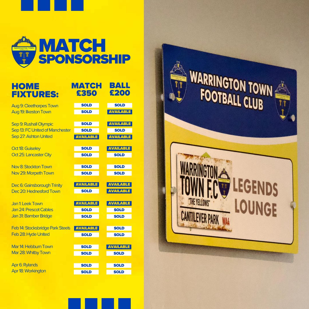 Warrington Town FC (@theyellows) on Twitter photo 🏡🤝
We have limited availability for match sponsorship opportunities at the Cal.Delivery Stadium for the upcoming 2025/26 season.
Want to find out more? Get in touch with us here:
✉️ james@warringtontownfc.co.uk
📞 01925 560665 🏡🤝
We have limited availability for match sponsorship opportunities at the Cal.Delivery Stadium for the upcoming 2025/26 season.
Want to find out more? Get in touch with us here:
✉️ james@warringtontownfc.co.uk
📞 01925 560665