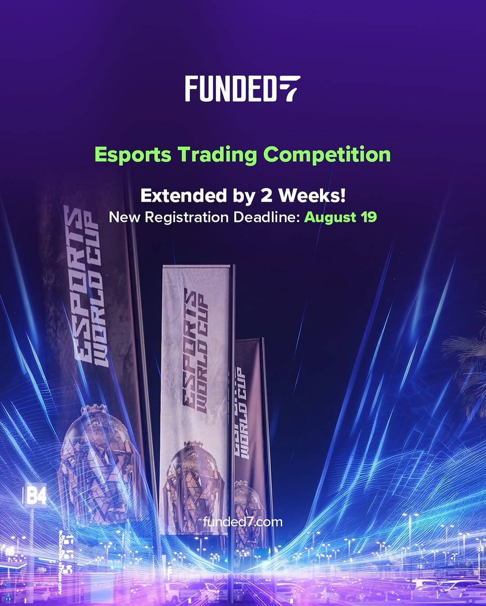 You asked, we listened!

The Esports Trading Competition is extended by two weeks.

You now have until August 19 to register and compete for our biggest ever prize pool, now at $1,000 in cash + funded challenges!🔥

Get started: funded7.com/competition/