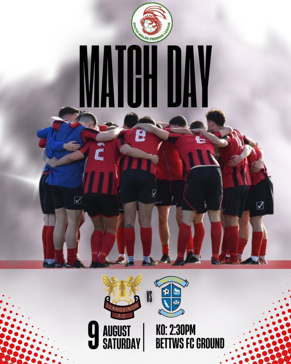 𝗙𝗶𝘅𝘁𝘂𝗿𝗲🔜 

Newly promoted Llangeinor begin their journey in the South Wales Championship against local rivals Bettws FC. 

🆚 <a href="/bettws_fc/">Bettws FC</a> 
📆 09.08.2025
🏟️ Bettws FC Ground
📌 CF32 8SG
⏰ 2.30PM
🎟️ £3 (U16’s Free)
🏆 South Wales Championship 

#UppaLlan🔴⚫️