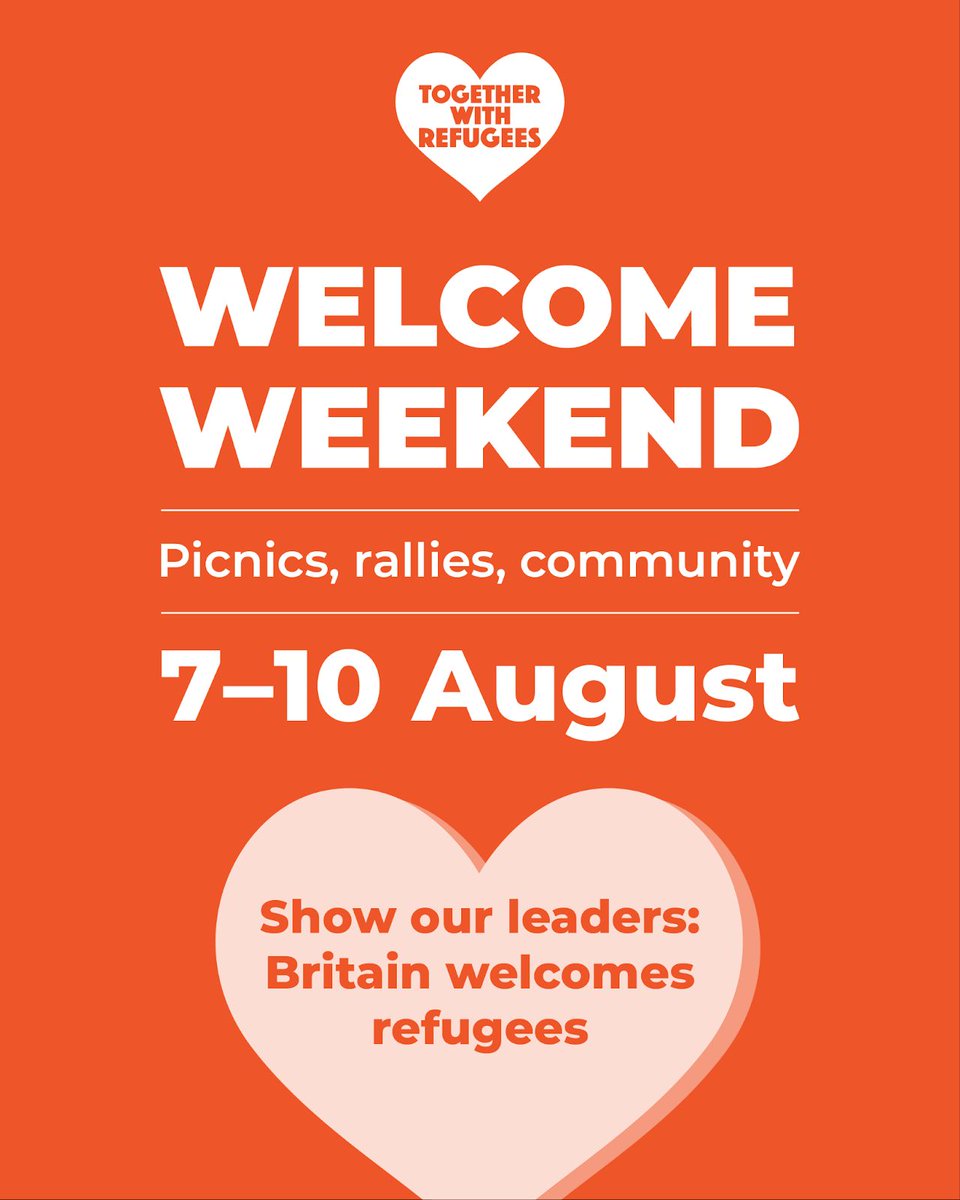 Refugee_Women's tweet image. From 7–10 August, communities across the UK are coming together to organise local events for the @RefugeesTogether #WelcomeWeekend — a joyful, nationwide stand in solidarity with refugees.
We&apos;re proud to send a simple but important message: refugees are welcome here. 🧡