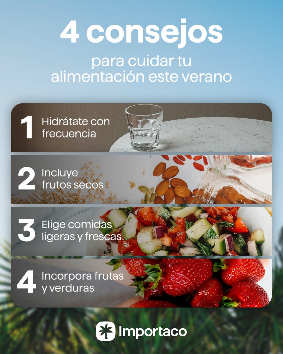 Este verano, cuídate por dentro y por fuera ☀️ El calor y el cambio de rutinas no tienen por qué ser un obstáculo para sentirte bien. Con pequeños gestos puedes disfrutar de un verano más saludable. 🥜 #Importaco #VeranoSaludable #Bienestar #AlimentaciónEquilibrada