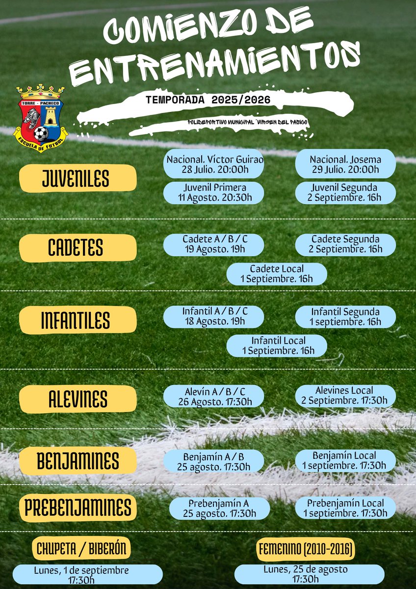 📣 𝐂𝐎𝐌𝐈𝐄𝐍𝐙𝐎 𝐃𝐄 𝐄𝐍𝐓𝐑𝐄𝐍𝐀𝐌𝐈𝐄𝐍𝐓𝐎𝐒 📣

Todos los equipos de nuestra Escuela de Fútbol 𝒚𝒂 𝒕𝒊𝒆𝒏𝒆𝒏 𝒇𝒆𝒄𝒉𝒂 𝒅𝒆 𝒄𝒐𝒎𝒊𝒆𝒏𝒛𝒐 𝒑𝒂𝒓𝒂 𝒆𝒔𝒕𝒂 𝒕𝒆𝒎𝒑𝒐𝒓𝒂𝒅𝒂 2025/2026.

𝙐𝙣𝙖 𝙚𝙨𝙘𝙪𝙚𝙡𝙖, 𝙪𝙣𝙖 𝙛𝙖𝙢𝙞𝙡𝙞𝙖.