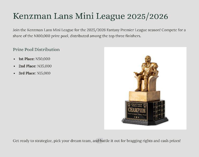Muhis Kazeem (@fplkenzmanlans) on Twitter photo FC Kenzman Lans Mini League
๐ฐN100,000
FREE TO ENTER FPL LEAGUE๐ฐ
โ
Weโve launched a free to enter
<a href="/FPLKenzmanLans/">Muhis Kazeem</a>
prize league!๐
๐Total Prize Pool: N100,000
๐ฅ1st place โ N50,000
๐ฅ2nd place โ N35,000
๐ฅ3rd place โ N15,000
๐จHow to be eligible for prizes in the thread. FC Kenzman Lans Mini League
๐ฐN100,000
FREE TO ENTER FPL LEAGUE๐ฐ
โ
Weโve launched a free to enter
<a href="/FPLKenzmanLans/">Muhis Kazeem</a>
prize league!๐
๐Total Prize Pool: N100,000
๐ฅ1st place โ N50,000
๐ฅ2nd place โ N35,000
๐ฅ3rd place โ N15,000
๐จHow to be eligible for prizes in the thread.