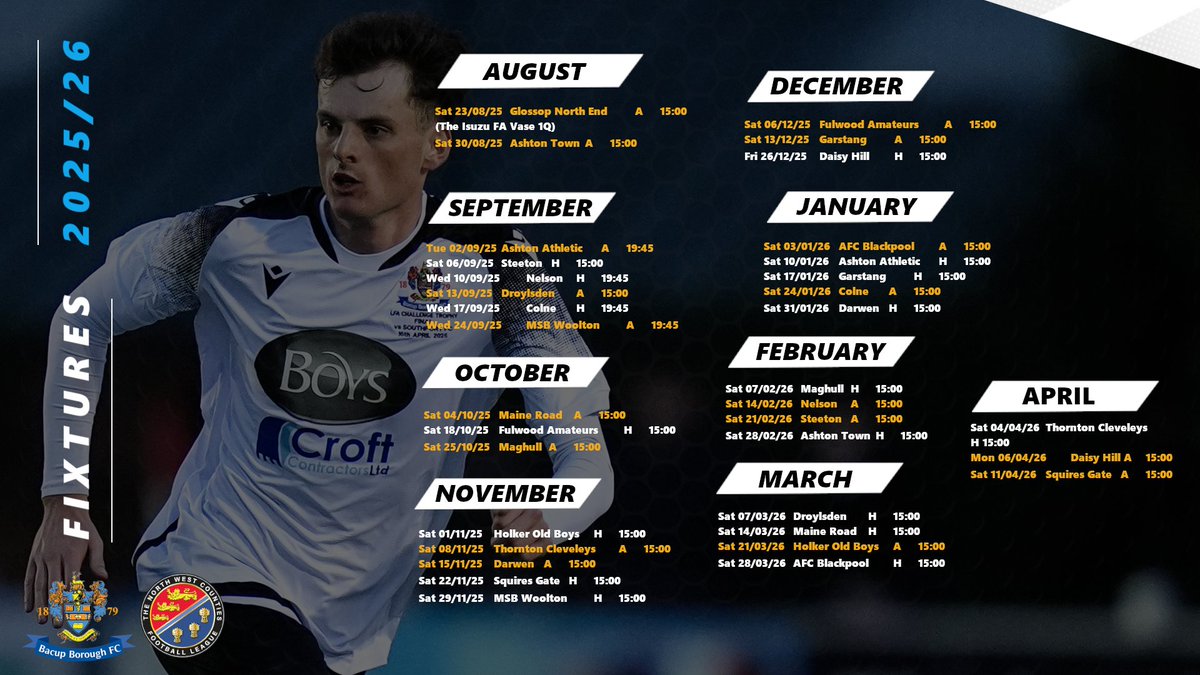 Bacup Borough FC (@bacupboro) on Twitter photo FIXTURES 2025/26 | <a href="/nwcfl/">The NWCFL ⚽️</a> ⚽️👊🗓️
Fixtures were released this morning with several exciting encounters.
Season tickets and hospitality packages are NOW! available for these games by contacting Jane Pallister on 07775 730466 / EMAIL: commercial1.bacupboroughfc@gmail.com FIXTURES 2025/26 | <a href="/nwcfl/">The NWCFL ⚽️</a> ⚽️👊🗓️
Fixtures were released this morning with several exciting encounters.
Season tickets and hospitality packages are NOW! available for these games by contacting Jane Pallister on 07775 730466 / EMAIL: commercial1.bacupboroughfc@gmail.com