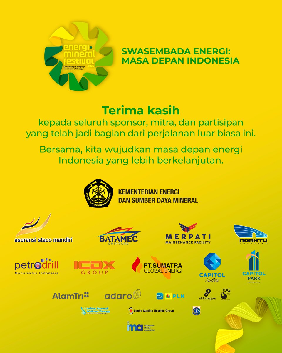 Terima kasih kepada seluruh pihak yang telah menjadi bagian dari perjalanan luar biasa ini. Bersama kita wujudkan masa depan energi Indonesia lebih hijau, mandiri, dan berkelanjutan.

#EnergidanMineralFestival2025 #EMFest2025