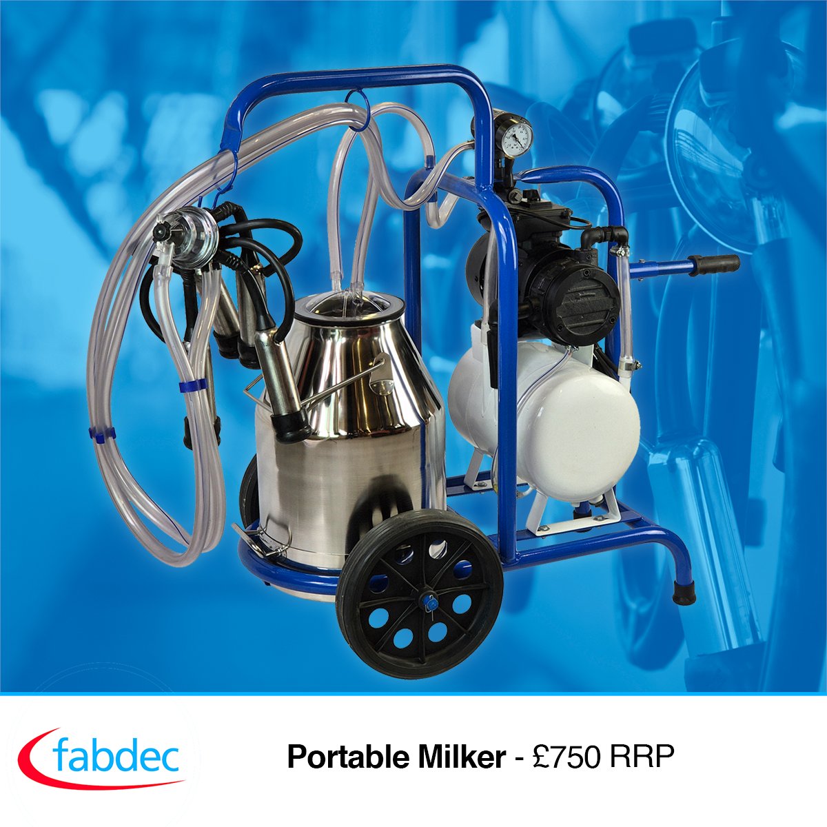No parlour? No problem.

The Fabdec Portable Milker is perfect for fresh calvers, sick cows &amp; small herds.

·Easy to move &amp; use
·240L vacuum pump
·30L stainless steel bucket
·Just £750 RRP

Rugged. Reliable. Ready when you are.

01691 575726
fabdec.com/en/dairy-syste…
#dairyfarming