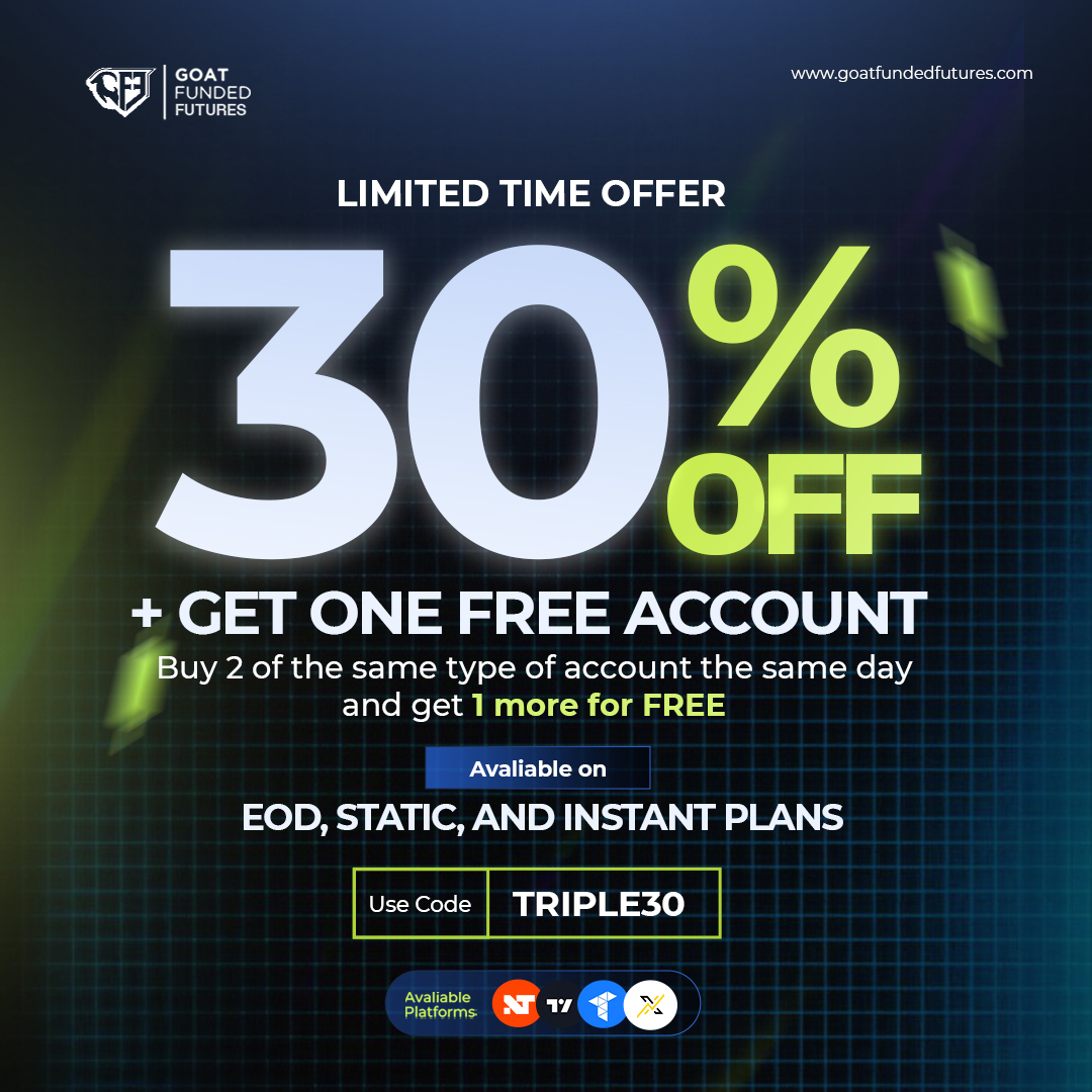 🚨 REMINDER: GET 30% OFF + FREE ACCOUNTS 🚨

Don’t miss your chance to your TRIPLE30 offer.
Here’s how it works:

🔹 Buy 2 of the same type of account (EOD, Static, or Instant) on the same day

🔹 Get 1 more account for FREE, same type, same size

🔥 Available on:

• EOD
•