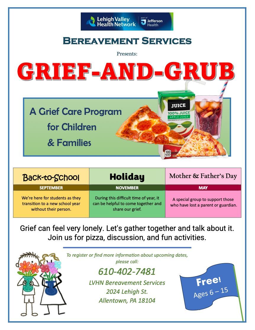 LVHN is offering a Grief-and-Grub Bereavement Series for children ages 6–15 who have experienced the loss of a loved one, along with their families. Registration is required via phone at 610-402-7481. For more details, please refer to the attached flyer.
#OneEyer #EastPennPROUD