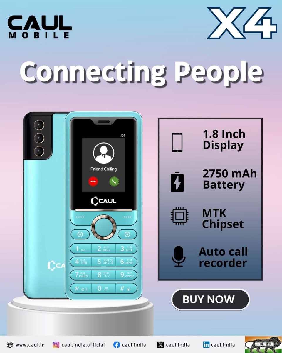 CaulIndia's tweet image. Caul X4 — Performance and style in one.
1.8” display, 2750mAh battery, MTK chipset, Auto Call Recorder.

📞Contact us :  +91-9990330058

#X4Power #CaulMobile #SmartFeatures #KeypadPhone #MadeInIndia