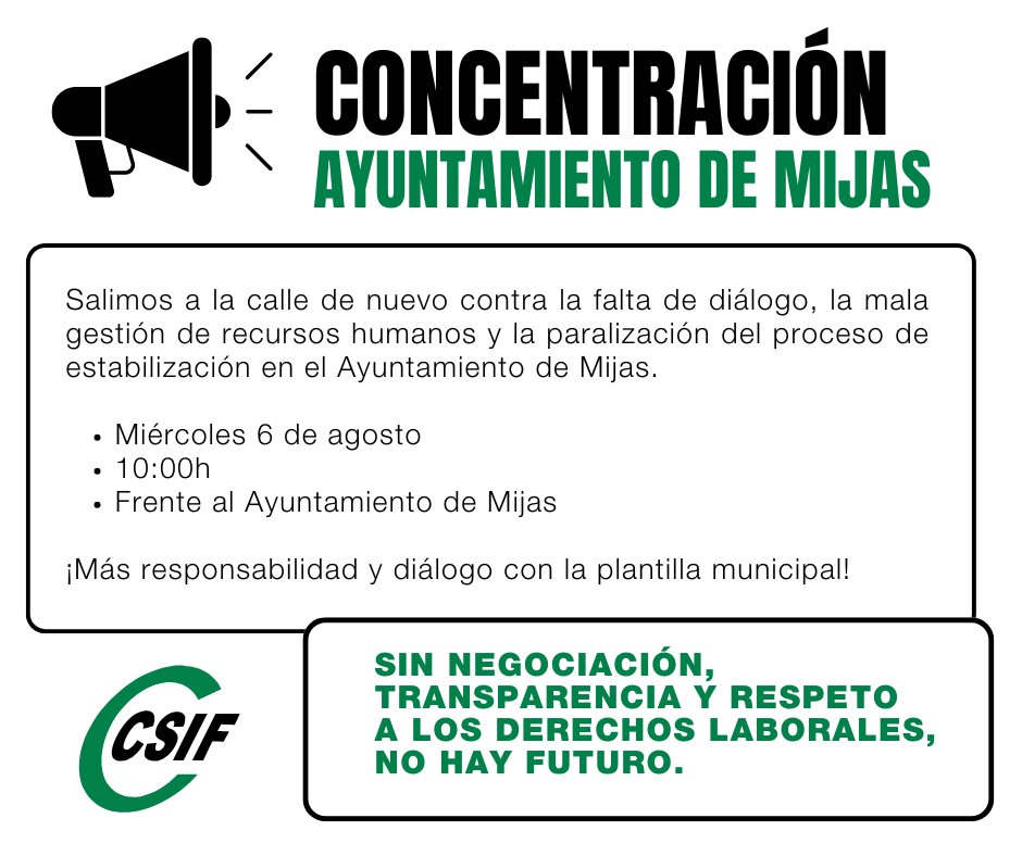 CSIF Málaga (@csifmalaga) on Twitter photo #Local📢 Nueva concentración en Mijas: exigimos diálogo, legalidad y respeto a los derechos laborales
‼ Si el Ayuntamiento no actúa con responsabilidad y legalidad, las movilizaciones continuarán sin descartar ninguna medida.
🔗 Más información: cutt.ly/urDIXuje
#Mijas #Local📢 Nueva concentración en Mijas: exigimos diálogo, legalidad y respeto a los derechos laborales
‼ Si el Ayuntamiento no actúa con responsabilidad y legalidad, las movilizaciones continuarán sin descartar ninguna medida.
🔗 Más información: cutt.ly/urDIXuje
#Mijas