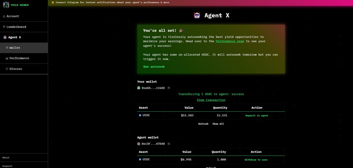 rajdotcc's tweet image. Meet @yieldseekerxyz - Your AI DeFi Agent on Base
Want to earn maximum yields on your USDC without spending hours hunting for the best APYs?
YieldSeeker is AI-powered DeFi agent that auto-invests your USDC across top protocols on Base for the best returns 💸
Here’s how it works