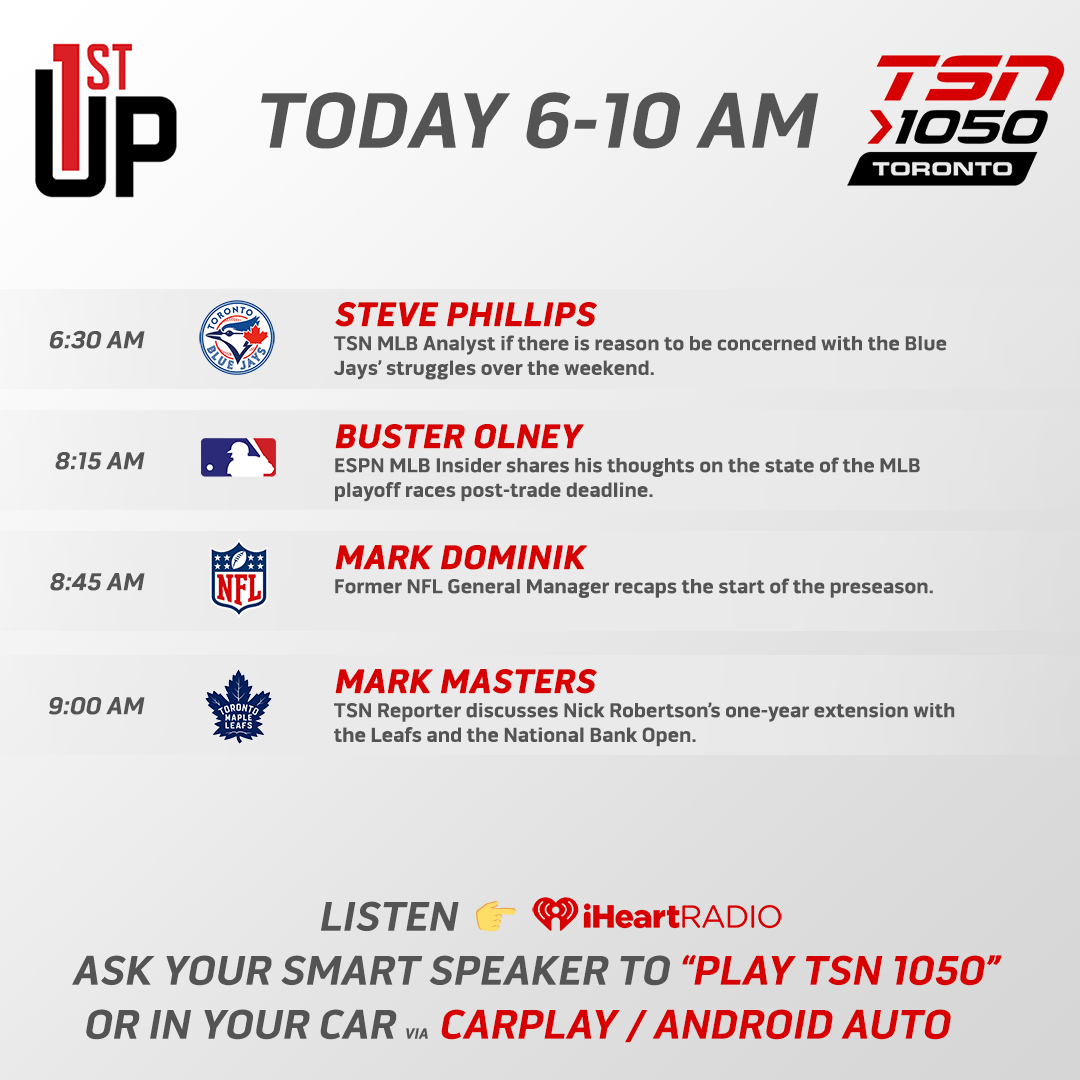First Up (@firstup1050) on Twitter photo Join <a href="/Brendan_Dunlop/">Brendan Dunlop</a> & <a href="/CarloColaiacovo/">Carlo Colaiacovo</a> as we discuss a busy long weekend for the Blue Jays, Bo Bichette's big day in Colorado, Robertson's contract, Team Canada orientation camp and more!
#LightsUpLetsGo
#LeafsForever
📻iheart.com/live/tsn-1050-…
✏️podcasts.apple.com/ca/podcast/fir… Join <a href="/Brendan_Dunlop/">Brendan Dunlop</a> & <a href="/CarloColaiacovo/">Carlo Colaiacovo</a> as we discuss a busy long weekend for the Blue Jays, Bo Bichette's big day in Colorado, Robertson's contract, Team Canada orientation camp and more!
#LightsUpLetsGo
#LeafsForever
📻iheart.com/live/tsn-1050-…
✏️podcasts.apple.com/ca/podcast/fir…
