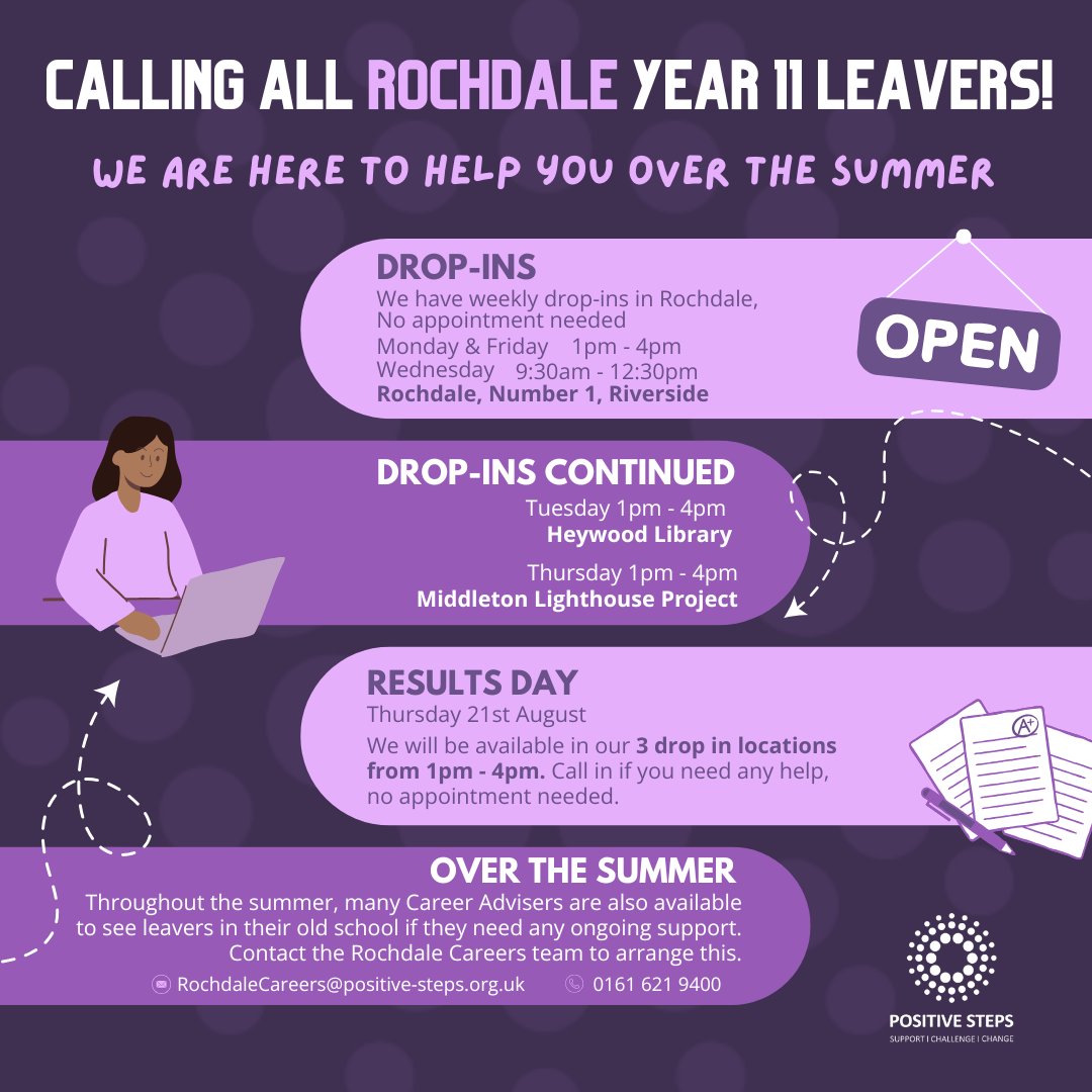 Calling all year 11 leavers in Rochdale!

We’re running weekly drop-ins across Rochdale for careers support!

💬 Advice on jobs, college, training
📍 No appointment needed