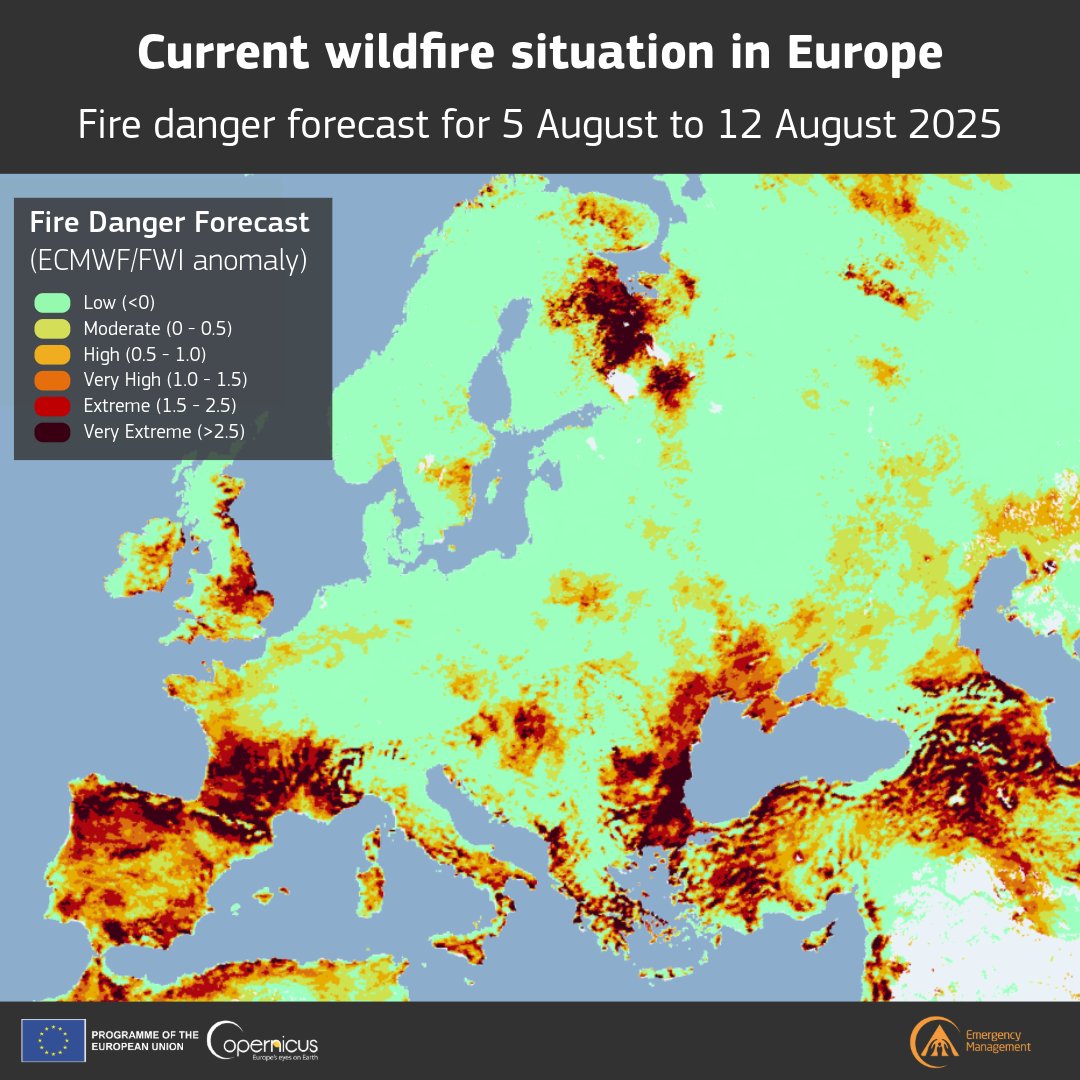 Copernicus EMS (@copernicusems) on Twitter photo ๐ฅFire danger forecast for 5โ12 Aug shows extreme FWI anomalies in:
๐ช๐ธIberian Peninsula
๐ซ๐ทS. France
๐ฎ๐นS. Italy
๐ฌ๐ทGreece
๐ง๐ฌBulgaria & ๐ท๐ดRomania
E. ๐ฌ๐งUK & ๐ฎ๐ชIreland
Lower danger expected across most of western, central, eastern Europe & Scandinavia.
๐europa.eu/!HRmFq6 ๐ฅFire danger forecast for 5โ12 Aug shows extreme FWI anomalies in:
๐ช๐ธIberian Peninsula
๐ซ๐ทS. France
๐ฎ๐นS. Italy
๐ฌ๐ทGreece
๐ง๐ฌBulgaria & ๐ท๐ดRomania
E. ๐ฌ๐งUK & ๐ฎ๐ชIreland
Lower danger expected across most of western, central, eastern Europe & Scandinavia.
๐europa.eu/!HRmFq6
