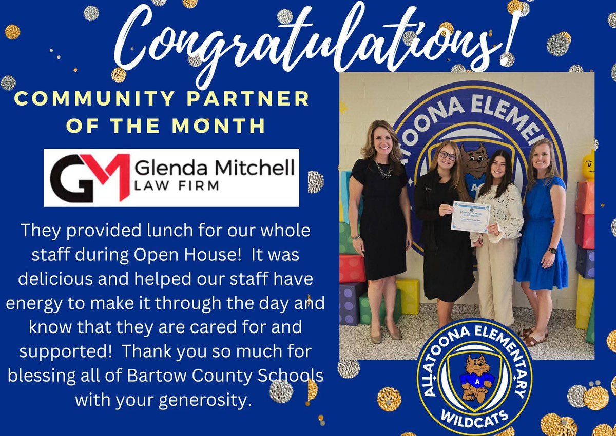 CONGRATULATIONS COMMUNITY PARTNER OF THE MONTH <a href="/gmitchelllaw/">Glenda Mitchell Law</a> They provided lunch for our WHOLE staff at Open House!!! THANK YOU!!