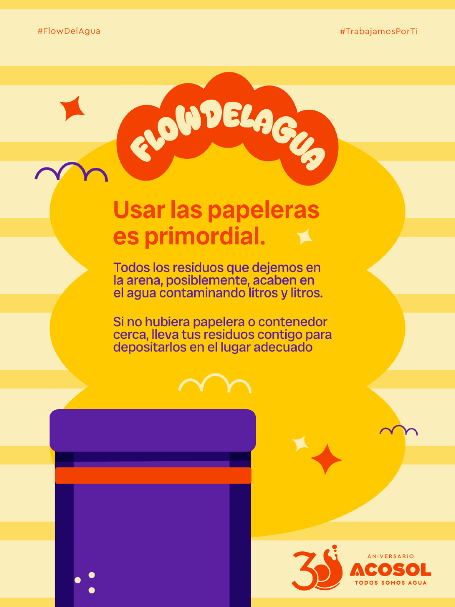 Para un #FlowDelAgua impecable en nuestras playas, ¡usa las papeleras! 🗑️
🌊 Los residuos en la arena acaban contaminando el mar. Si no hay cerca, llévatelos.
💪Tu gesto hace la diferencia.