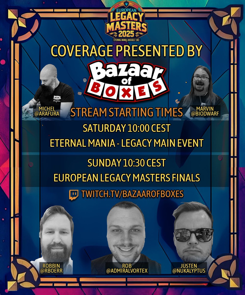 BazaarOfBoxes's tweet image. The @EternalManiaBE weekend is almost here! You can't make it or you'd like to have something to look back on? We got you!

Bazaar of Boxes will be providing Legacy coverage for both the Legacy Main event and the @EULegacyMasters Finals!

Catch us live:
📦 twitch.tv/bazaarofboxes