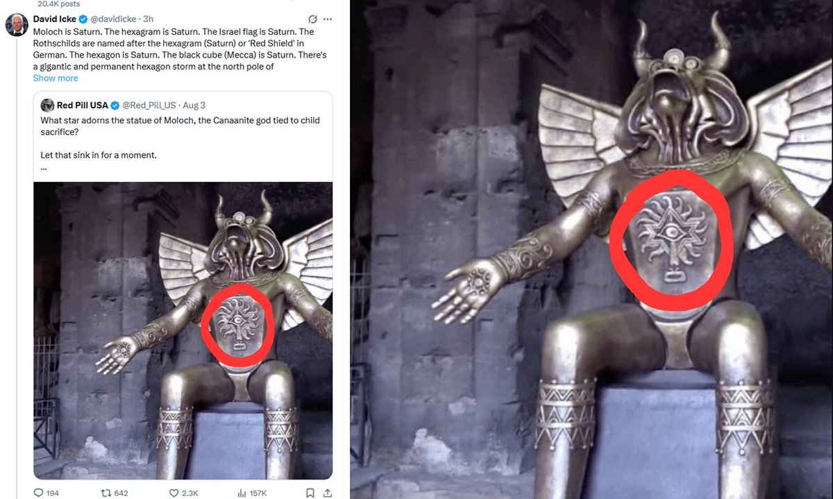 David Icke believes this is a genuine statue of Moloch and goes on about the six-pointed star and cube symbolism.

First of all, this is a movie prop created in 1914, and neither the six-pointed star nor the cube is connected to child sacrifice.

He also claims that the Black