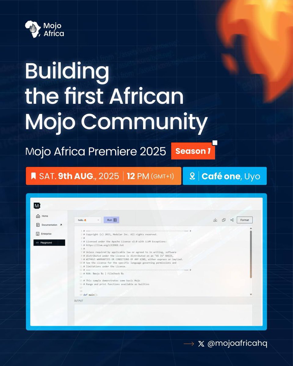 ⏳ Just 4 days to go!

Join us for the Mojo Africa Premiere , where bold minds meet to talk AI, systems programming, open source, and the future we’re building.

Hosted by <a href="/realEkemini/">€kemini</a> &amp; <a href="/Mrbitee/">Mr💥⚛️Bite</a>
Don’t miss it. 🚀
Register here to attend: app.getriver.io/beta/events/mo…