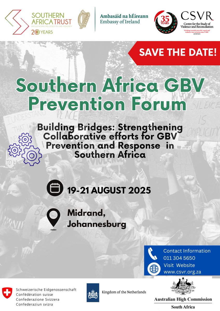 [SAVE THE DATE] 3RD SOUTHERN AFRICA SYMPOSIUM ON PREVENTING GBV🌍🔔⚠️

We are excited to announce the upcoming Southern Africa GBV Prevention Forum, formerly known as the Southern Africa Symposium on Preventing GBV. This year, the forum returns under the theme:

“Building