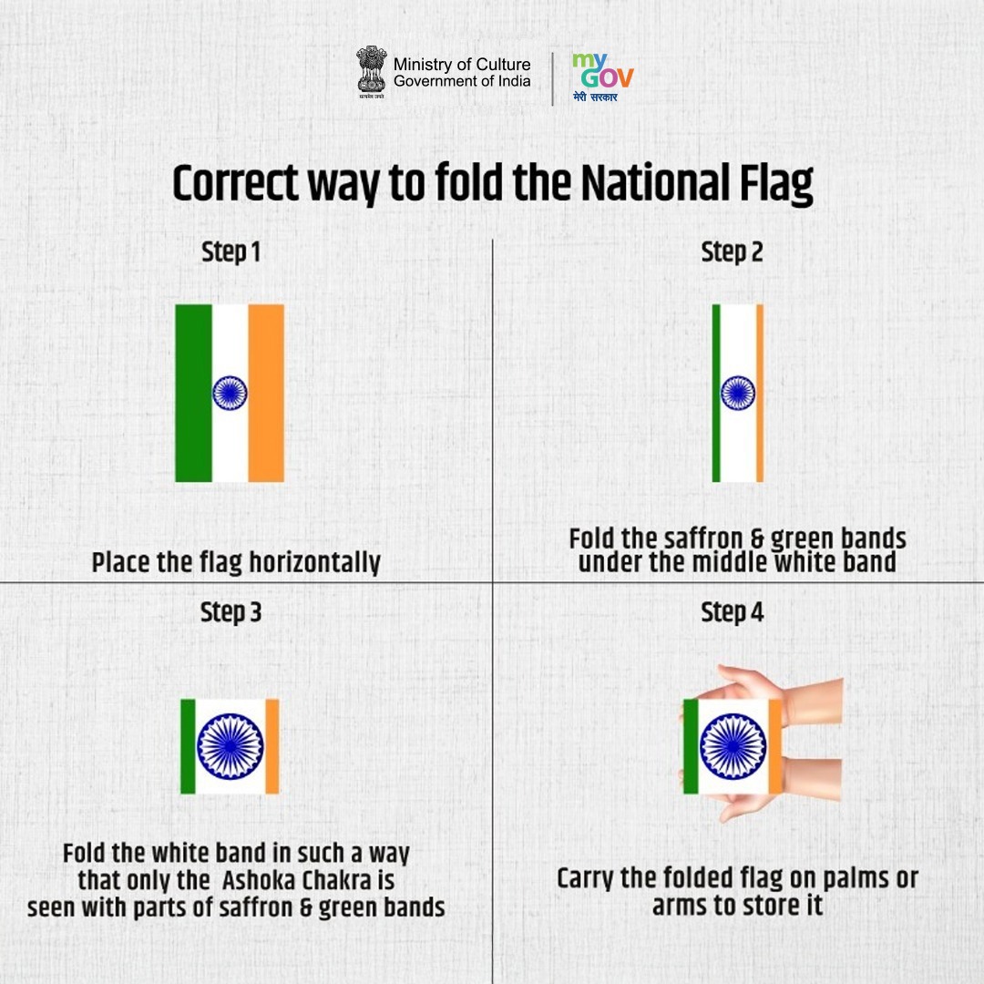 Fold it with care.
Hold it with pride.
Let the Chakra shine bright.

Learn how to fold the National Flag with the honour it truly deserves.

#HarGharTiranga 
#KnowYourTiranga 
#HarGharTiranga2025
#IndependenceDay2025