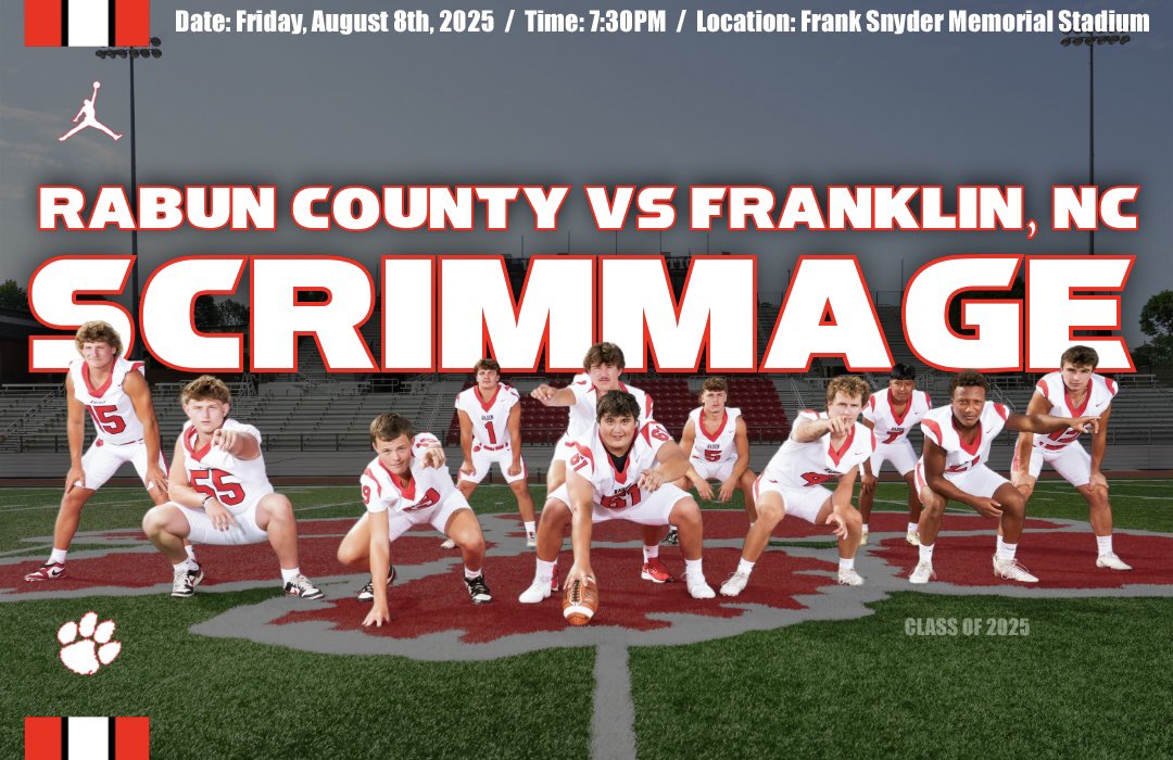 RabunFootball's tweet photo. Scrimmage vs Franklin, NC
🗓️ Friday, August 8th, 2025
⏰ 7:30pm
📍 Frank Snyder Memorial Stadium
🎟️ https://t.co/YYEPZsK6ti https://t.co/JBBZWe0Z7o